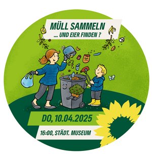 Müll sammeln ...und Eier finden? Auf diesem illustrierten Bild entsorgen eine Frau und ein kleiner Junge den gesammelten Müll in eine Tonne. Auf dem Bild hat sich ein Osterei versteckt